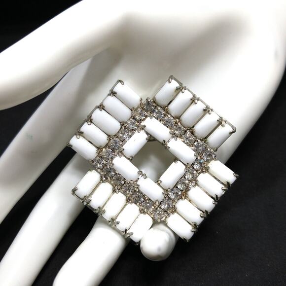 Vintage Art Deco Style Milk Glass Clear Rhinestone Brooch, Rhodium Plated - Picture 1 of 10